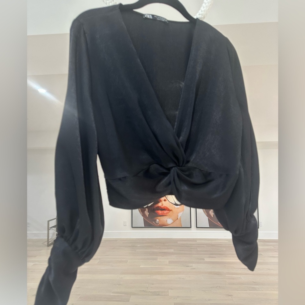 Elegant Black silky Knot Front Blouse